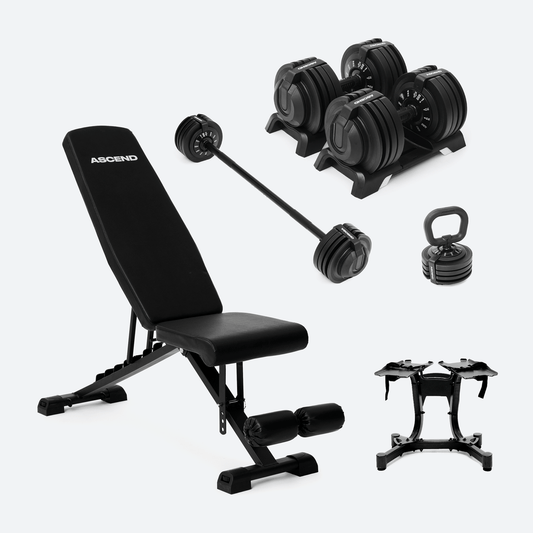 Bundle : Haltères réglables Ascend 3-en-1 (7 à 52,5 lb) et banc